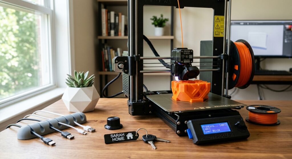 Drukarka 3D Prusa drukująca pomarańczowy model obok wydrukowanego organizera na kable i breloka do kluczy